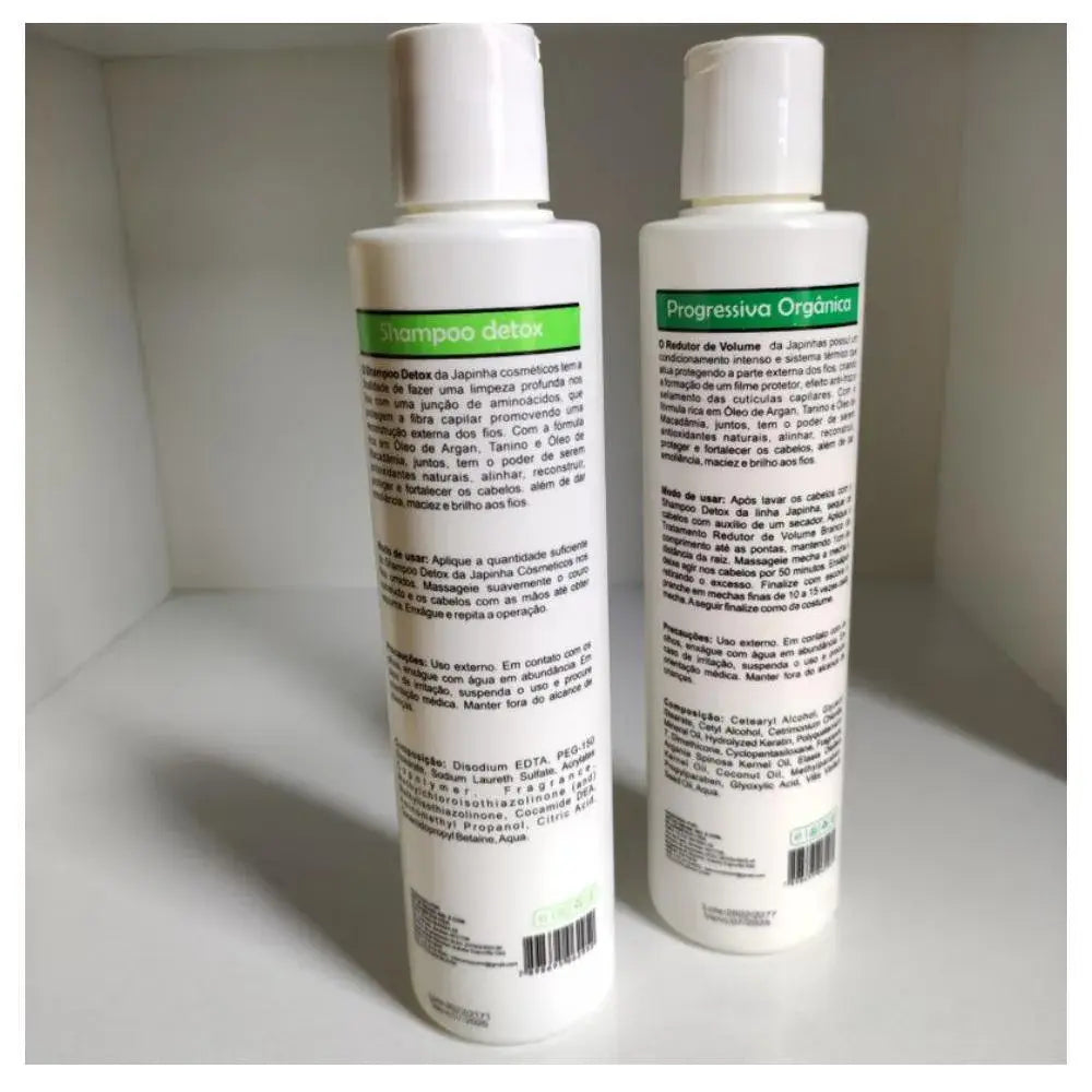 Kit Progressiva Orgânica Japinha com shampoo e redutor para alisamento capilar duradouro, à venda na Dajoux França — ideal para cabelos lisos, leves e sem frizz.