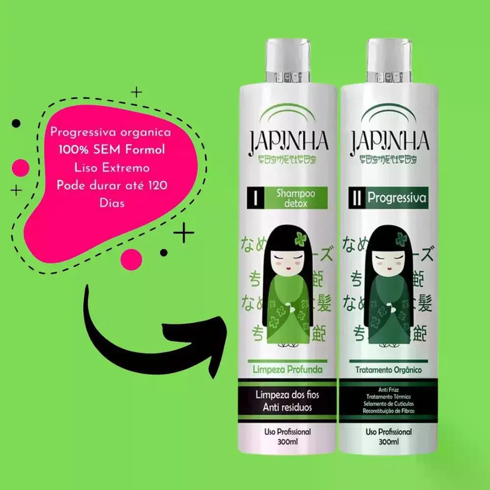 Kit Progressiva Orgânica Japinha com shampoo e redutor para alisamento capilar duradouro, à venda na Dajoux França — ideal para cabelos lisos, leves e sem frizz.