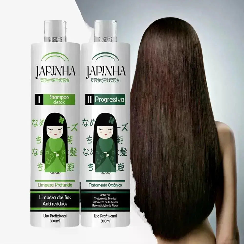 Kit Progressiva Orgânica Japinha com shampoo e redutor para alisamento capilar duradouro, à venda na Dajoux França — ideal para cabelos lisos, leves e sem frizz.