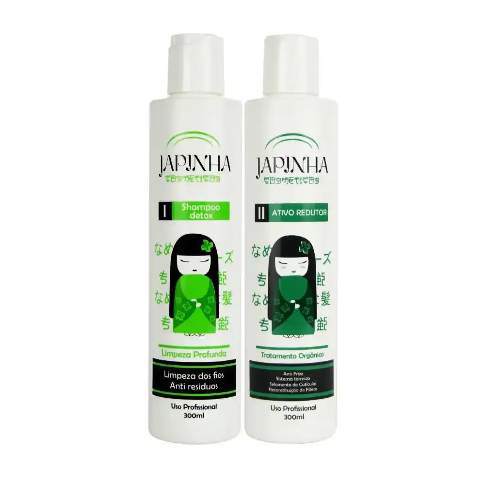 Kit Progressiva Orgânica Japinha com shampoo e redutor para alisamento capilar duradouro, à venda na Dajoux França — ideal para cabelos lisos, leves e sem frizz.