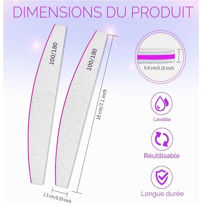Limes à Ongles Professionnelles Double Face Grain 100/180 - Lot de 25 - Selistamm