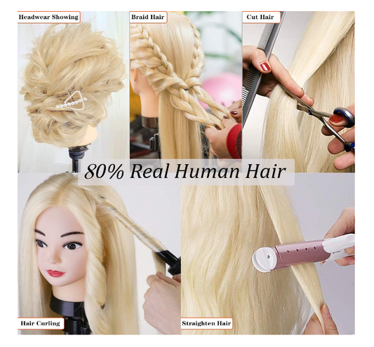 Tête de mannequin 60 cm avec 80 % de vrais cheveux avec support de table + accessoires