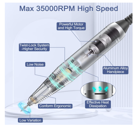 Kit de Perceuse à Ongles Électrique Professionnelle, 11 en 1 sans fil, 35 000 tr/min